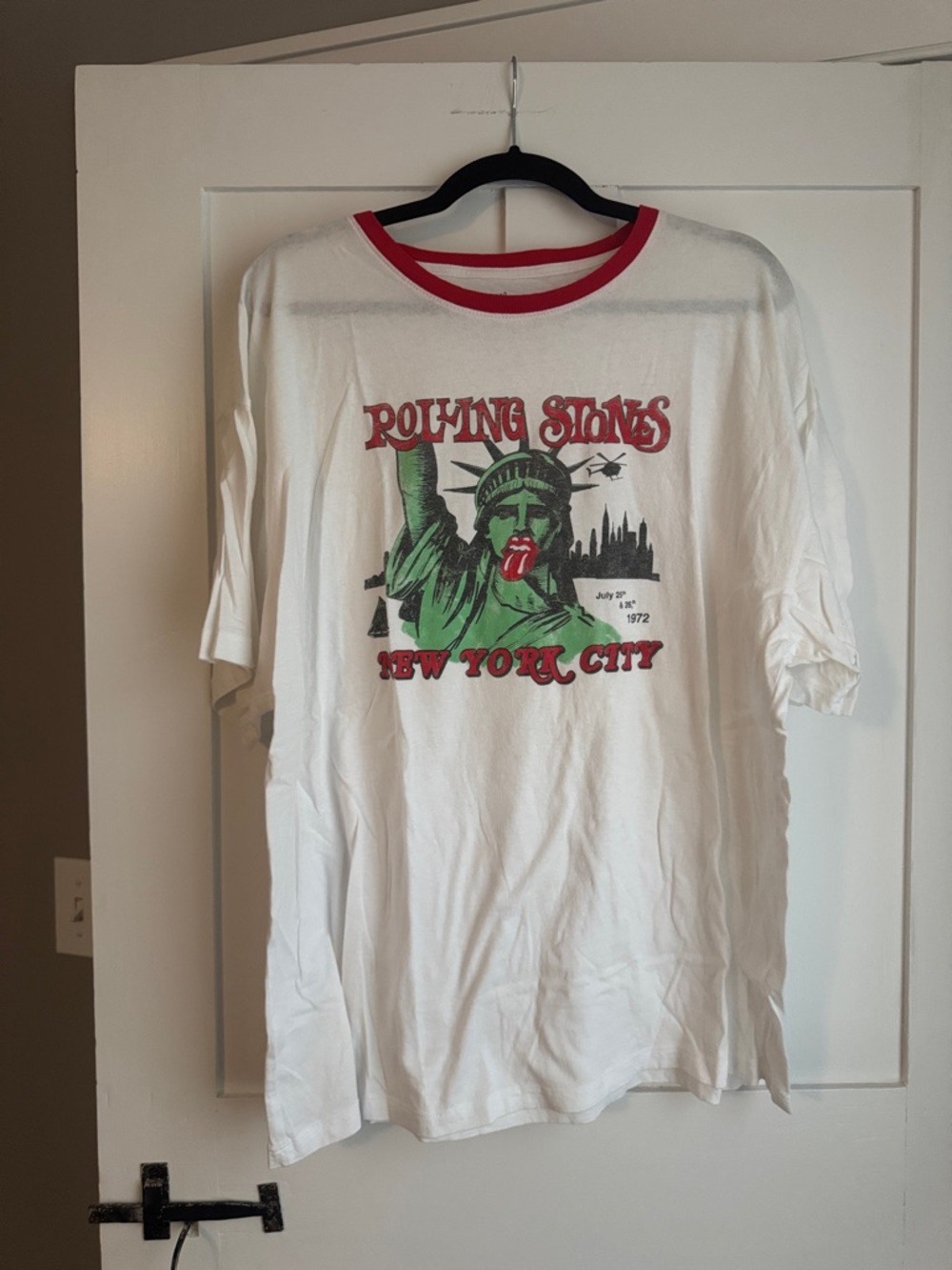 the Rolling Stones White Ringer Tee with Red Trim and Statue of Liberty Graphic